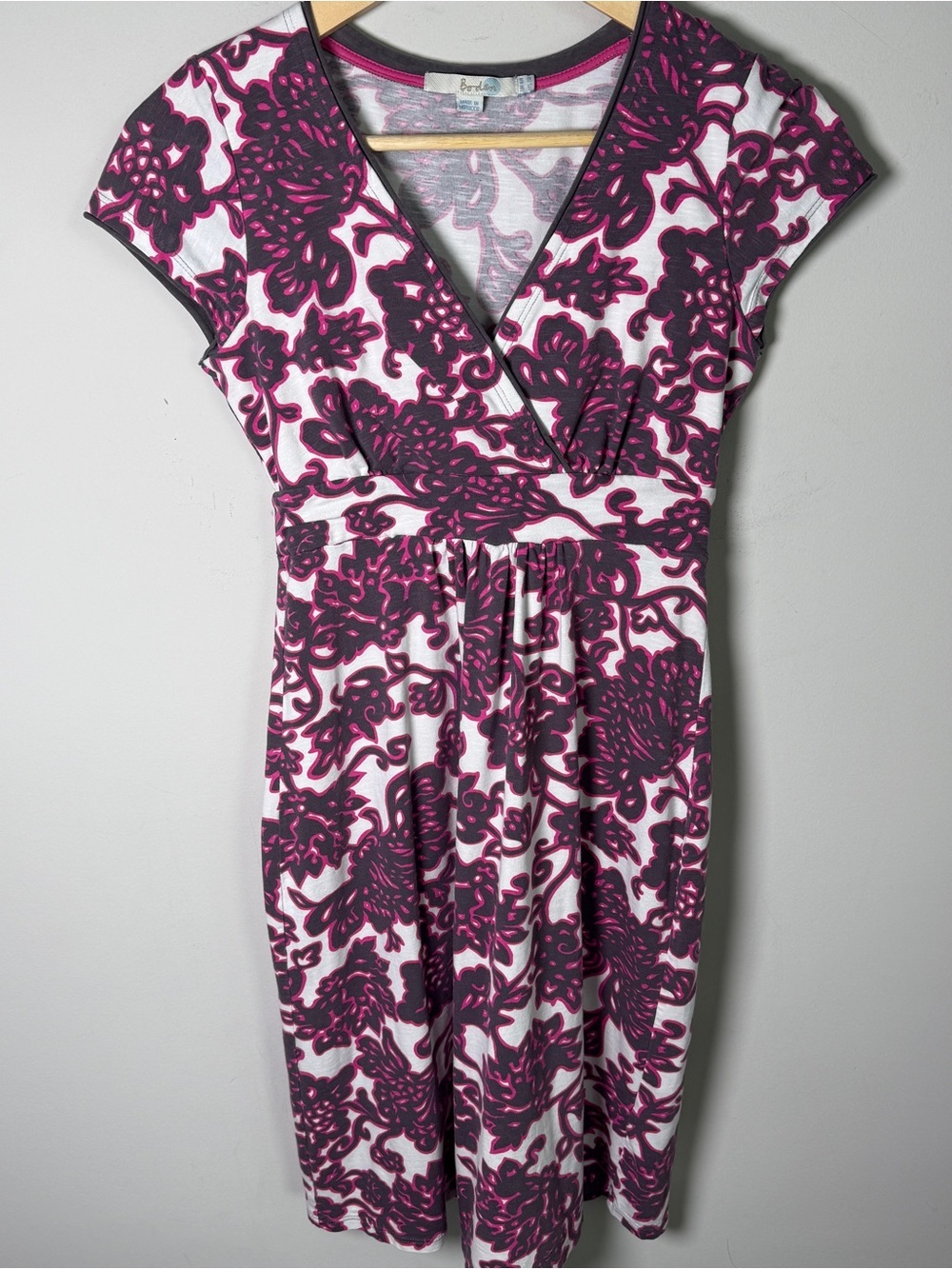 Boden Jersey Surplice Wrap Dress Baroque Floral Print Magenta Vacation US 2R